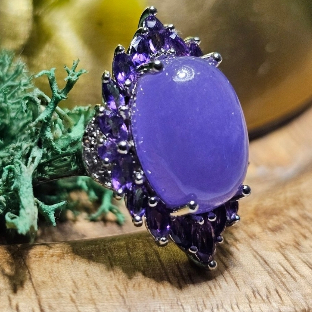 Burmese Purple Jade & African Amethyst Halo Silver Cocktail Ring 12.6 CTW Size 8 - Picture 3 of 4